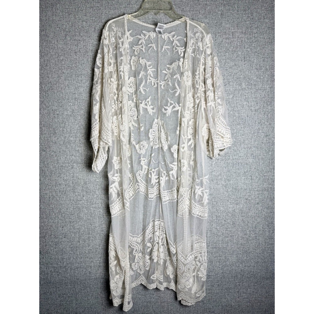 Ivory Floral Sheer Lace Open Front Kimono Long Duster Shawl Boho Festival Sm/Med